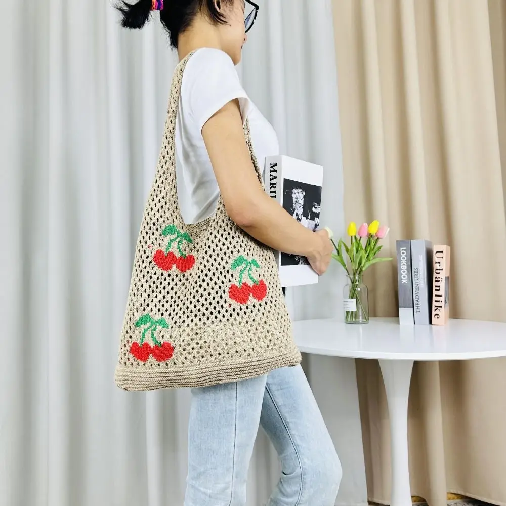 

Crochet Shoulder Bag Cute Cherry Large Capacity Knitting Bag Shopping Bag Women