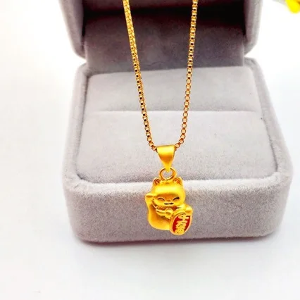 AU999 Pure Gold Lucky Cat Necklace Female Clavicle Chain 24K Cute Cat Pendant Real Gold Pendant Forwarding Gift Jewelry