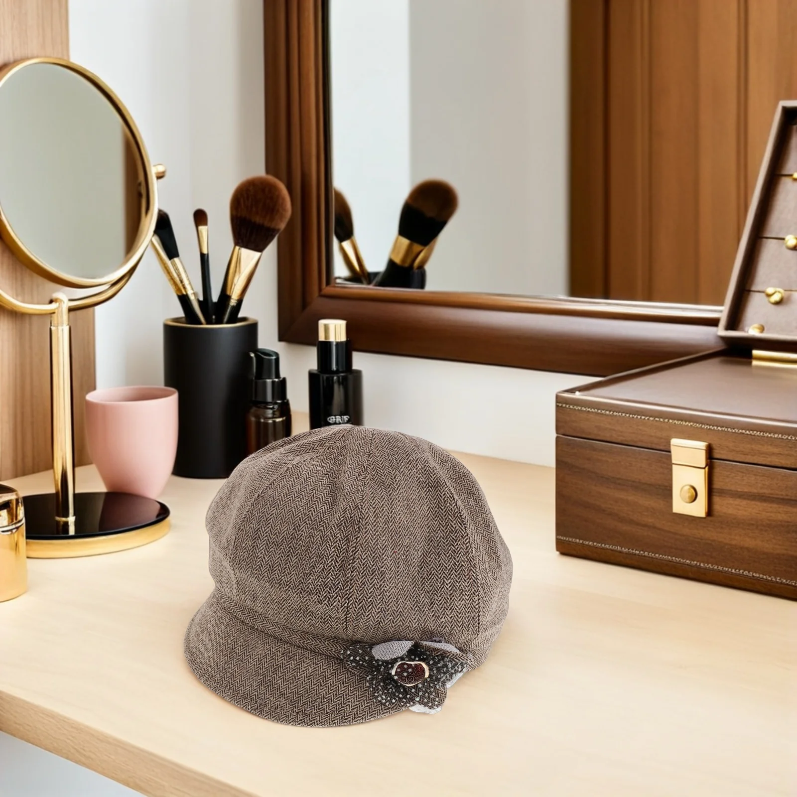 

Khaki Beret Hat for Women with Floral Accent - Lightweight Breathable French Style Vintage Cap - Adjustable 56-59Cm -