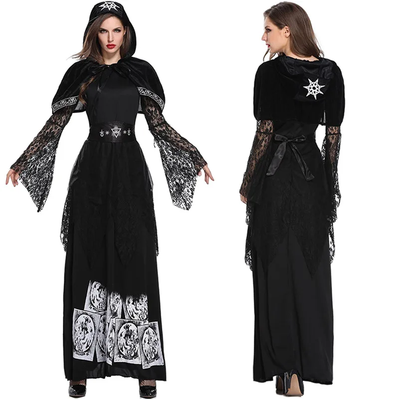 

Women Ghost Cosplay Costume Halloween Cloak Witch Robes Death Vampire Role-playing Party Clothes Female Wizard Long Dress