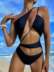 Sexy One Shoulder Tummy Cut Out Monokini One Piece Swimsuit Women Swimwear Female Bather Asymmetric Bathing Suit Swim Beachwear