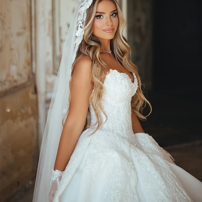 

Customized Shiny simple white Ball Gown Royal Wedding Dresses crystal applique beads Long tail Made Robe De