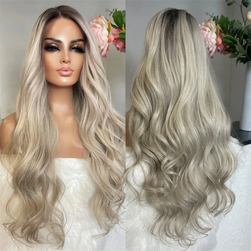 

Синтетический парик с HD-кружевной передней частью, без клея, с эффектом омбре, цвет пепельно-платиновый блонд, термостойкое волокно, 30 дюймов, мягкий, очень длинный, волнистый парик