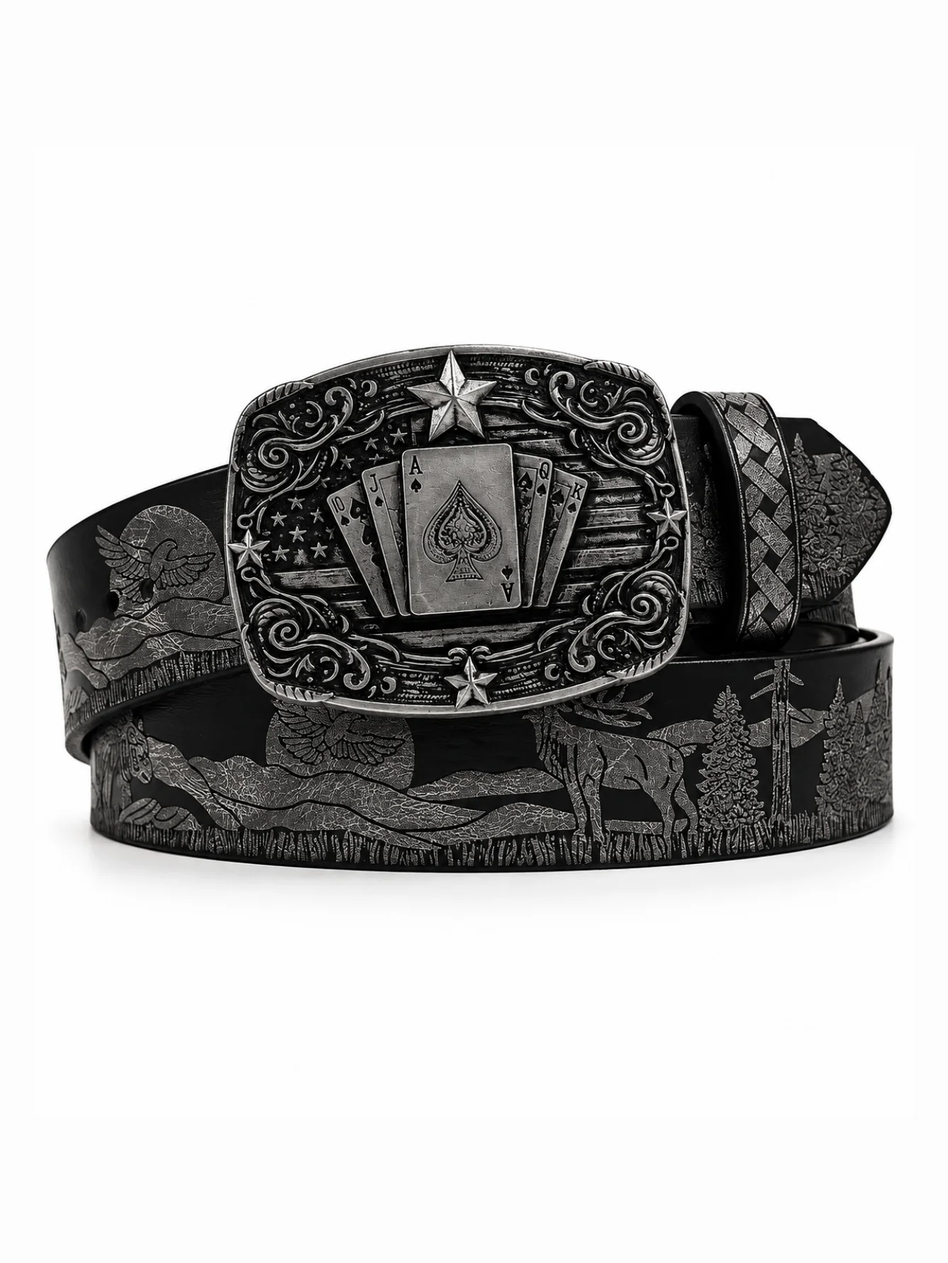 Ace of Wild Metal Belt, Engraved Poker Card Buckle Belt with Forest Deer Pattern, Vintage Western Style Fashion Waist Belt