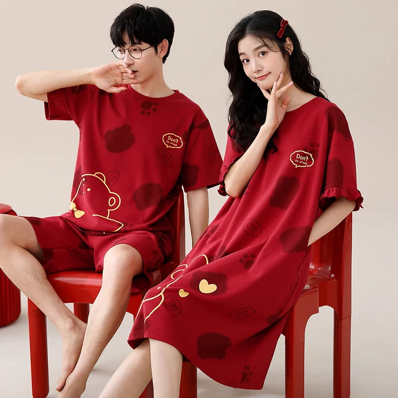 Summer Couple Cute Cartoon Pajama Set Men 100%Cotton Short Sleeve Pyjamas Sexy Women Nightgown