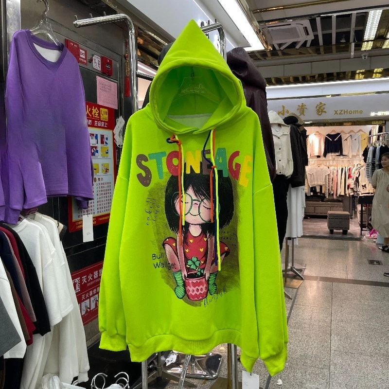 Unique Design Cartoon Print Hooded Coat Women's Fashion Streetwear Casual Versatile Loose Slimming Pullover Sweatshirt Jacket