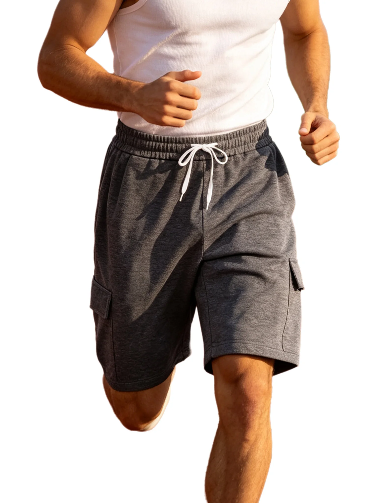 Mens Casual Sports Cargo Sweat Shorts Drawstring Elastic Waistband Shorts with Multi-pocket for Outdoor Activities Running