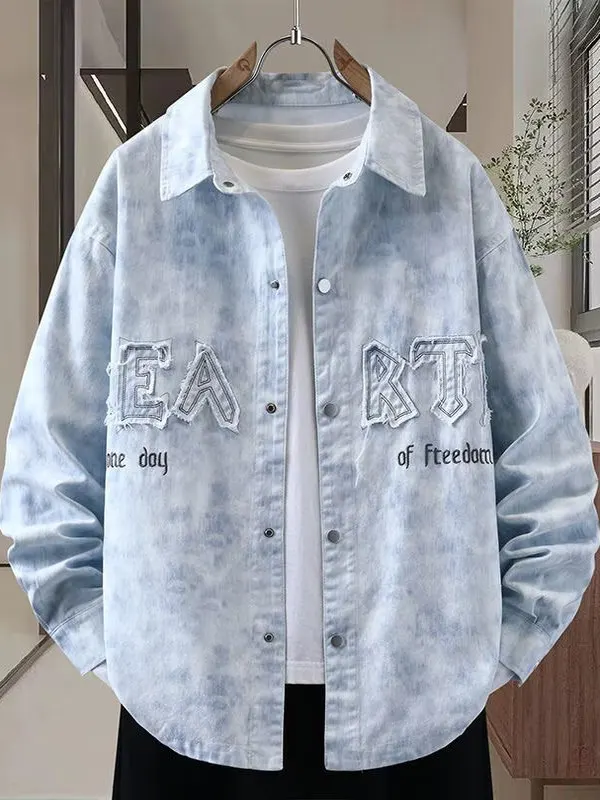 

Мужская повседневная куртка с вышивкой Tie-Dye Long Sve Denim irt, весенне-осенняя одежда для подростков, дышащая застежка на двойные пуговицы