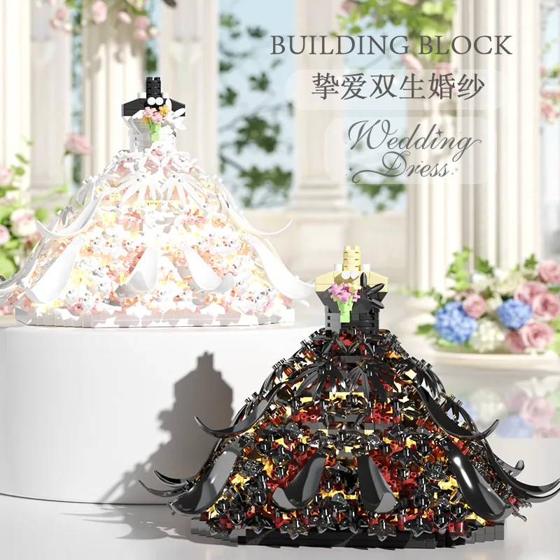 Romantic Wedding Dress Building Block Model 3D DIY Assembled Bricks Toy For Girl Friends Gift With Light