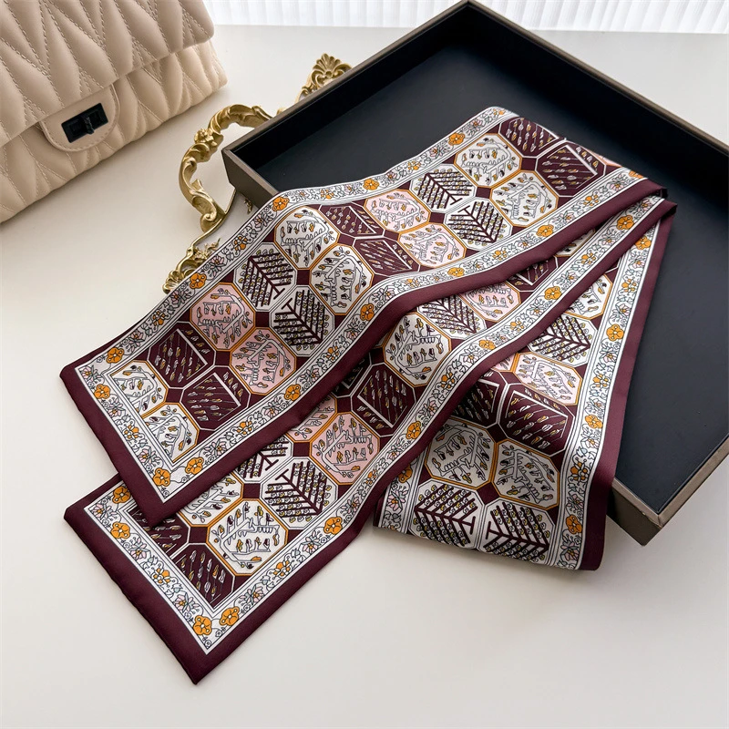 2026 New Women Silk Feel Printed Design Scarf Shawl Fashion Luxury Long Narrow Small Silk Scarves Lady Headband Choker Streamer