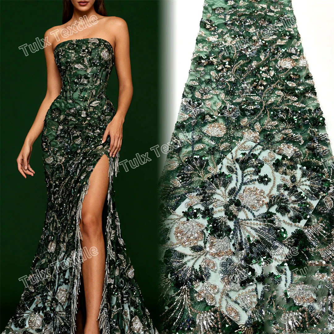 

Heavy African Beaded Groom Lace Fabric 2026 High Quality French Mesh Lace Fabric Sequins Nigerian Lace Fabrics for Wedding Dress