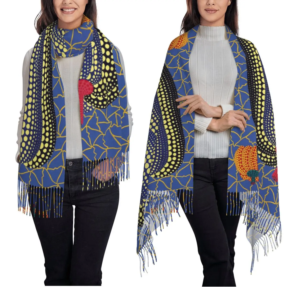 Yayoi Kusama Art Cachecol de abóbora com borla para mulheres xales e envoltórios macios e quentes longo outono inverno xale envoltório