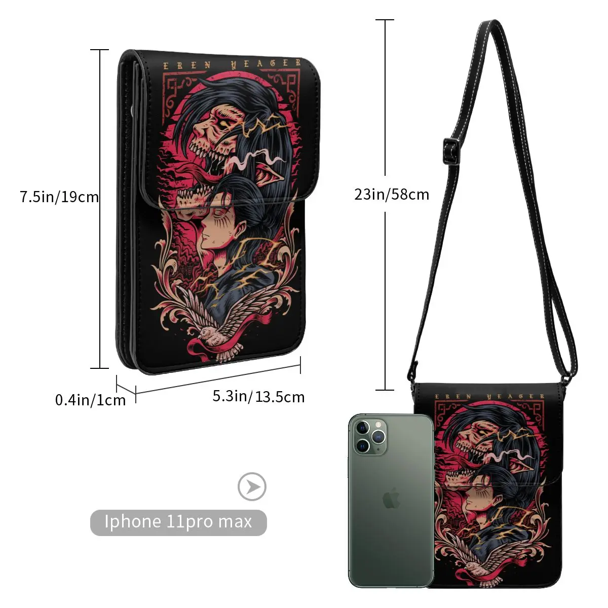 Anime Attack on Titan Crossbody Wallet, Bolsa para celular, Bolsa de ombro, Bolsa para celular, Alça ajustável