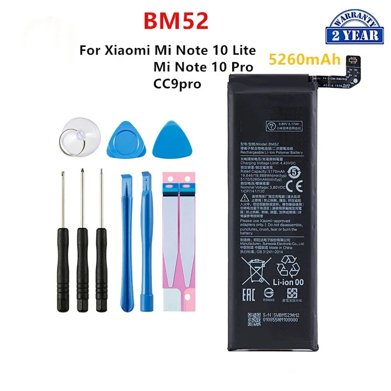 

100% Orginal BM52 5260mAh Battery For Xiaomi Mi Note 10 Lite / Mi Note 10 Pro / CC9pro CC9 Pro Phone Batteries+Tools