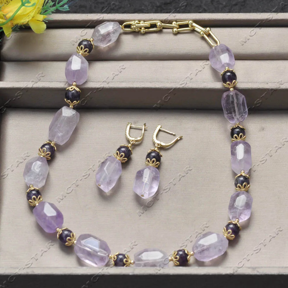 

Z13813 Set 24" 14mm Purple Cube Faceted Round Amethyst Crystal Necklace Earring Custom Jewelry