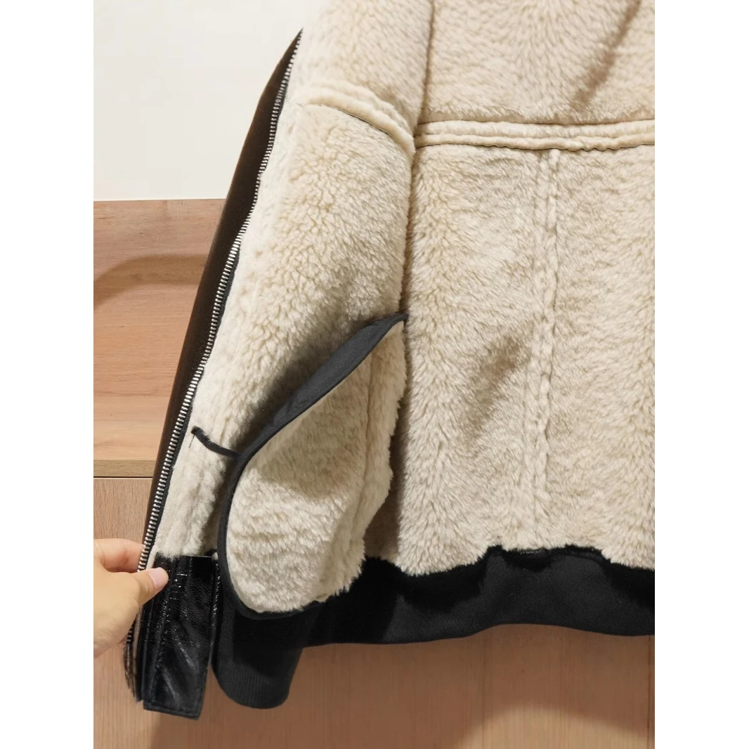 FImranch Black Faux Leather Biker Jackets For Men Women Heavy PU Lapel Fur Collar Motorcycle Fur All-in-one Warm Coat Punk Wear