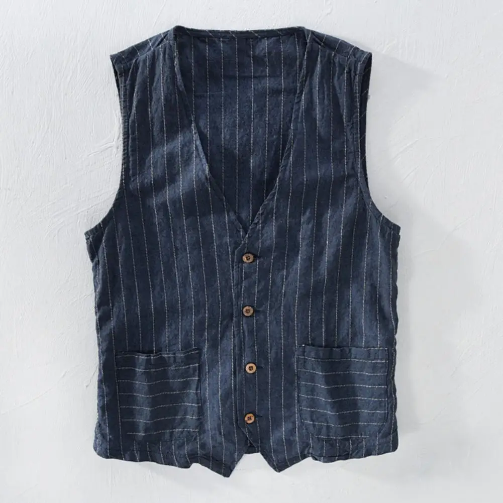 Sleeveless Workwear Vest Stylish British Men's V-neck Striped Waistcoat Collection with Pockets Sleeveless Retro for Fashionable