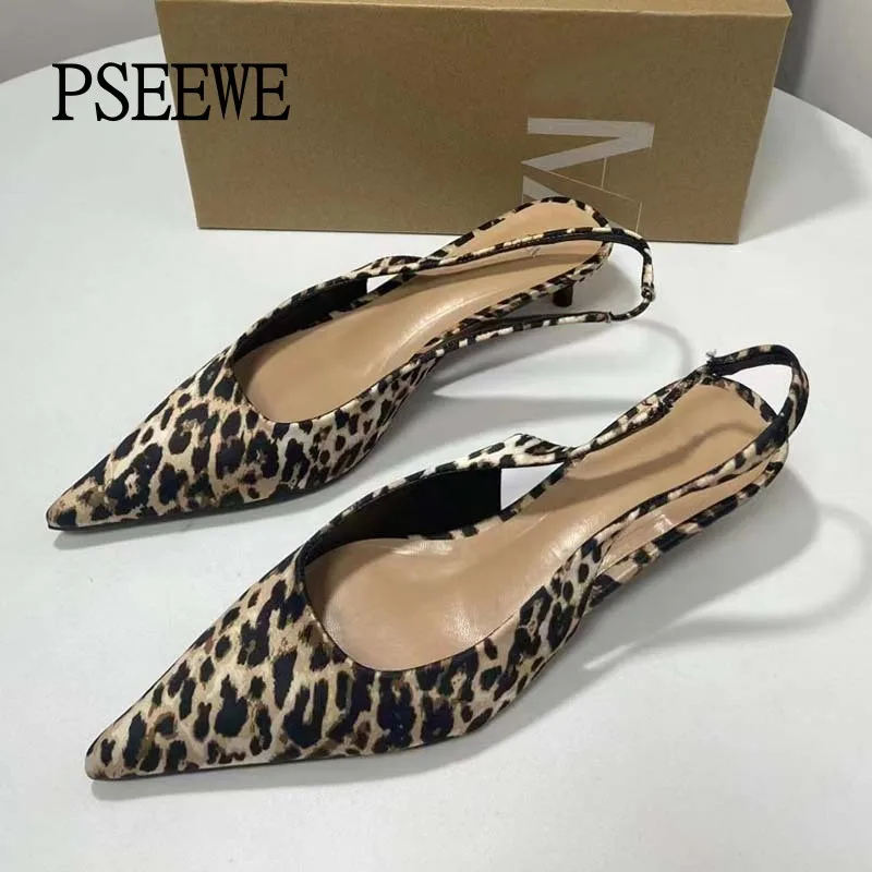 PSEEWE Leopard Print Women Pumps 2024 Summer Cat heels Sandals Woman Retro Pointed Slingback High Heels Elegant Heeled Shoes