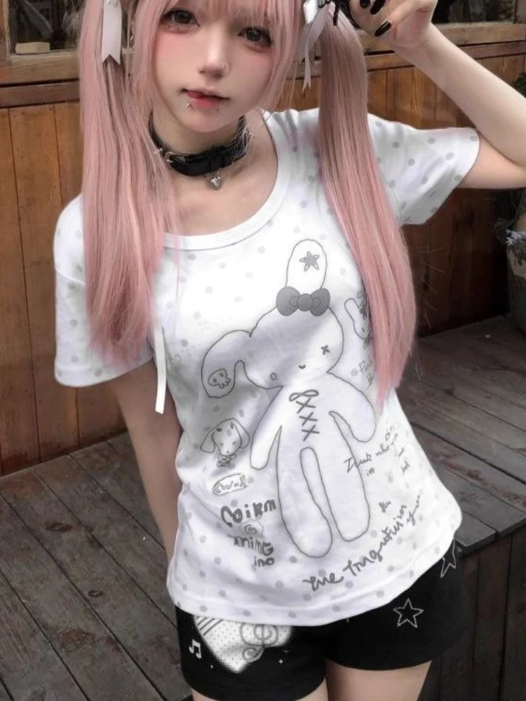 

Subculture Japanese Polka Dot T-Shirts Women's Summer Fashion O-neck Rabbit Print Tops Design Casual New Slim Lovely Thin Tees