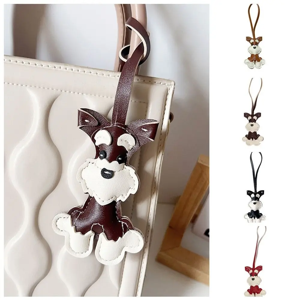 Cute PU Leather Schnauzer Keychain Cute Puppy Animal PU Leather Hanger Fashion Car Keyring Bag Pendant Men