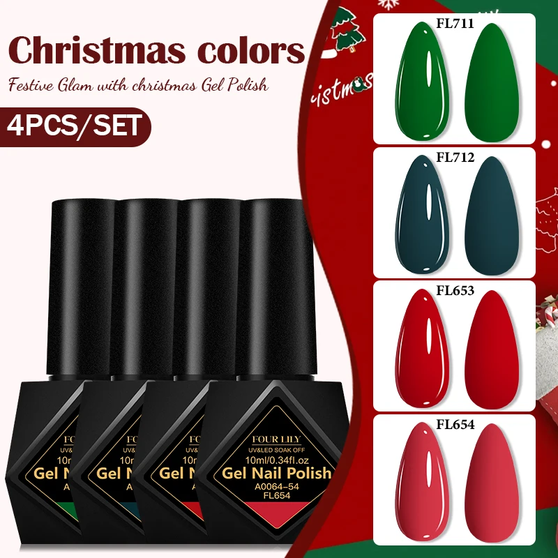 4pcs Christmas Color Gel Nail Polish Set 10ml Glitter Effect Semi Permanant Soak Off UV Gel Varnish Manicure DIY Nail Supplies