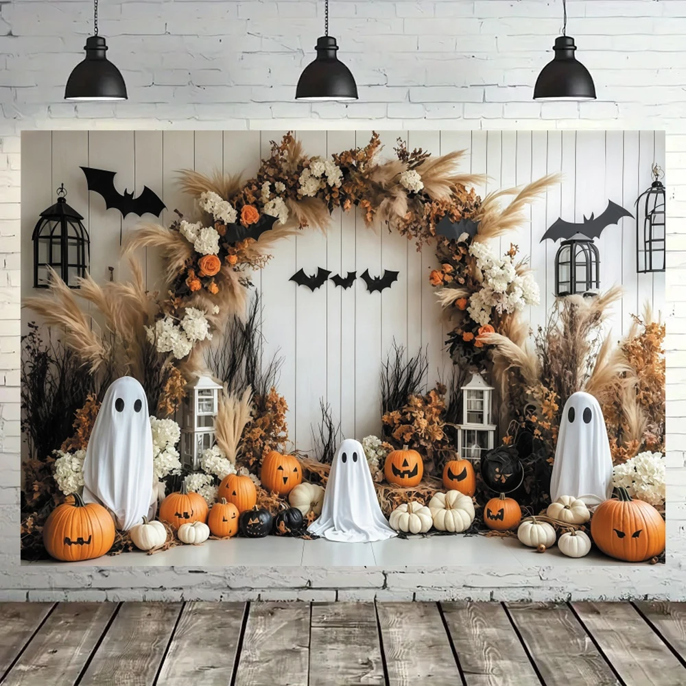 Halloween Backdrop White Ghost Pumpkin Castle Spider Web Bat Party Decor Photography Background Photo Booth Studio Banner Props