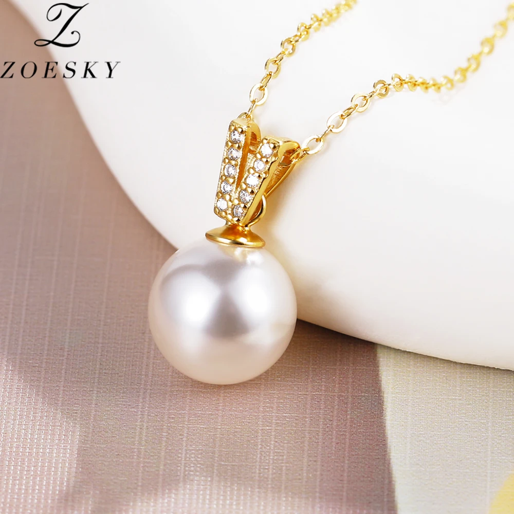 Zoesky 8/10mm 925 Sterling Silver Pearl CZ Pendant Necklace For Women Girls V Glyph Zircon Drop Necklaces Party Wedding Jewelry