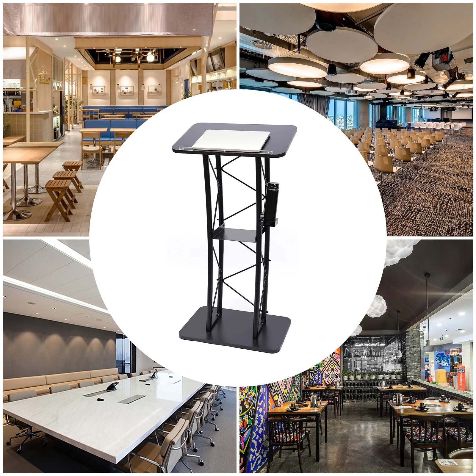 배플과 컵 홀더가 있는 곡선형 연단, 60.45x40.39x119.38cm, 검정색, 학교, 회의 및 대중 연설용