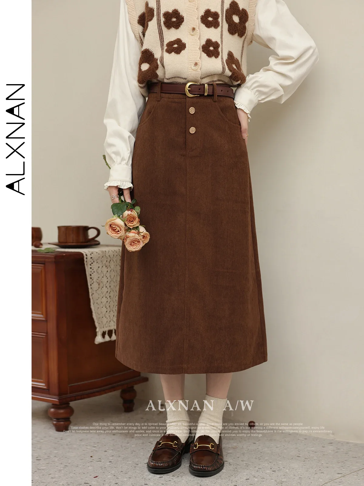 ALXNAN Retro Brown Casual Midi Skirt for Women 2024 Autumn Winter Commuter Solid Simple Elegant Skirts Female Clothing LXN32215