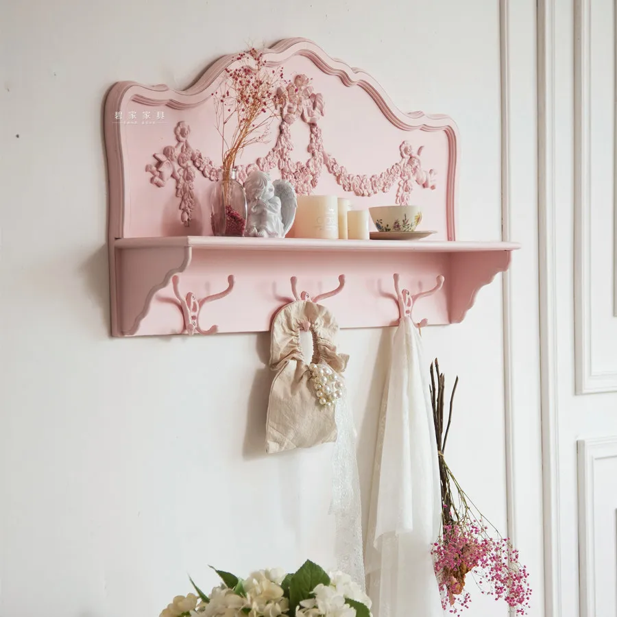

French Retro Floral Wall Shelf No-Drill Entryway Organizer Coat Hook Rack Vintage Decorative Storage Solution