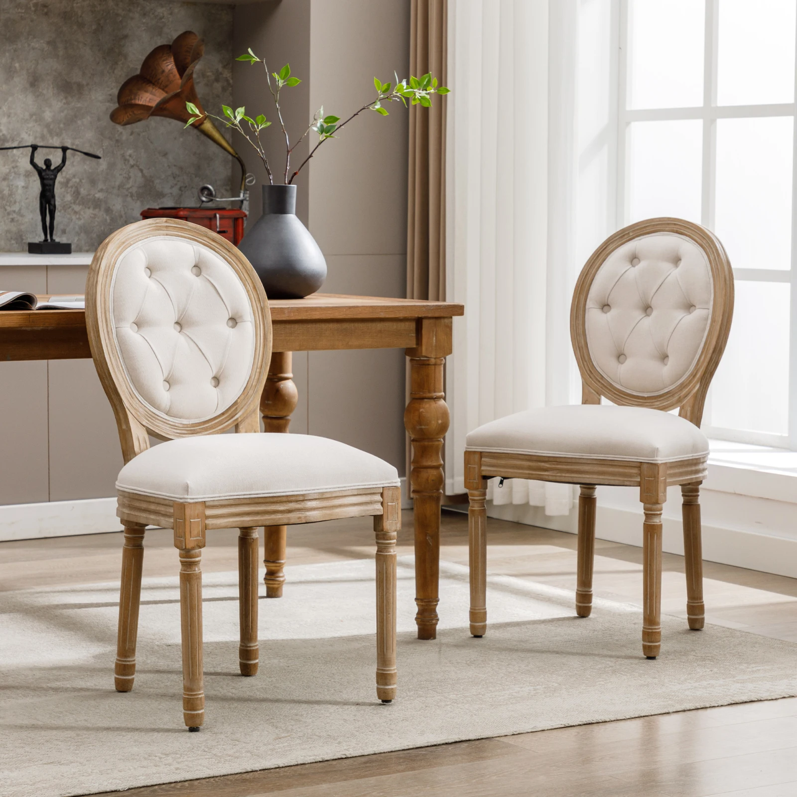 2-piece set Dining chairs,with tufted buttons Louis upholstered chair,Solid Wood Legs, Upholstered Linen Seat