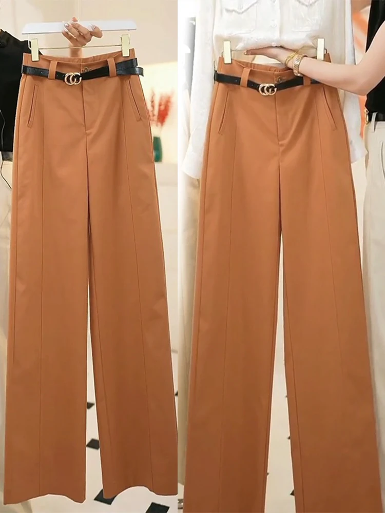 بنطلون بدلة نسائي من قماش التنسل والقطن بلون الكاكي، خصر عالي، تصميم نحيف مستقيم الساق، موديل جديد للخريف والشتاء، بنطلون أني...