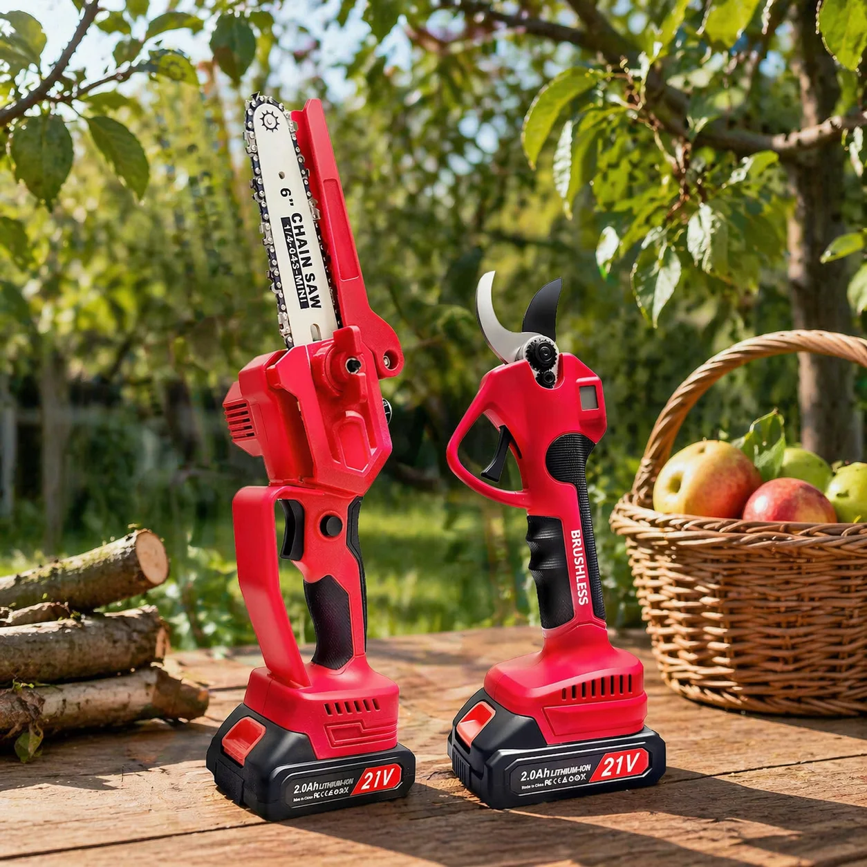 4-in-1 Akku Hochentaster 21V, 6 Zoll Mini Kettensäge, elektrische Astschere, Teleskop Astsäge, 2 Akkus, Rot