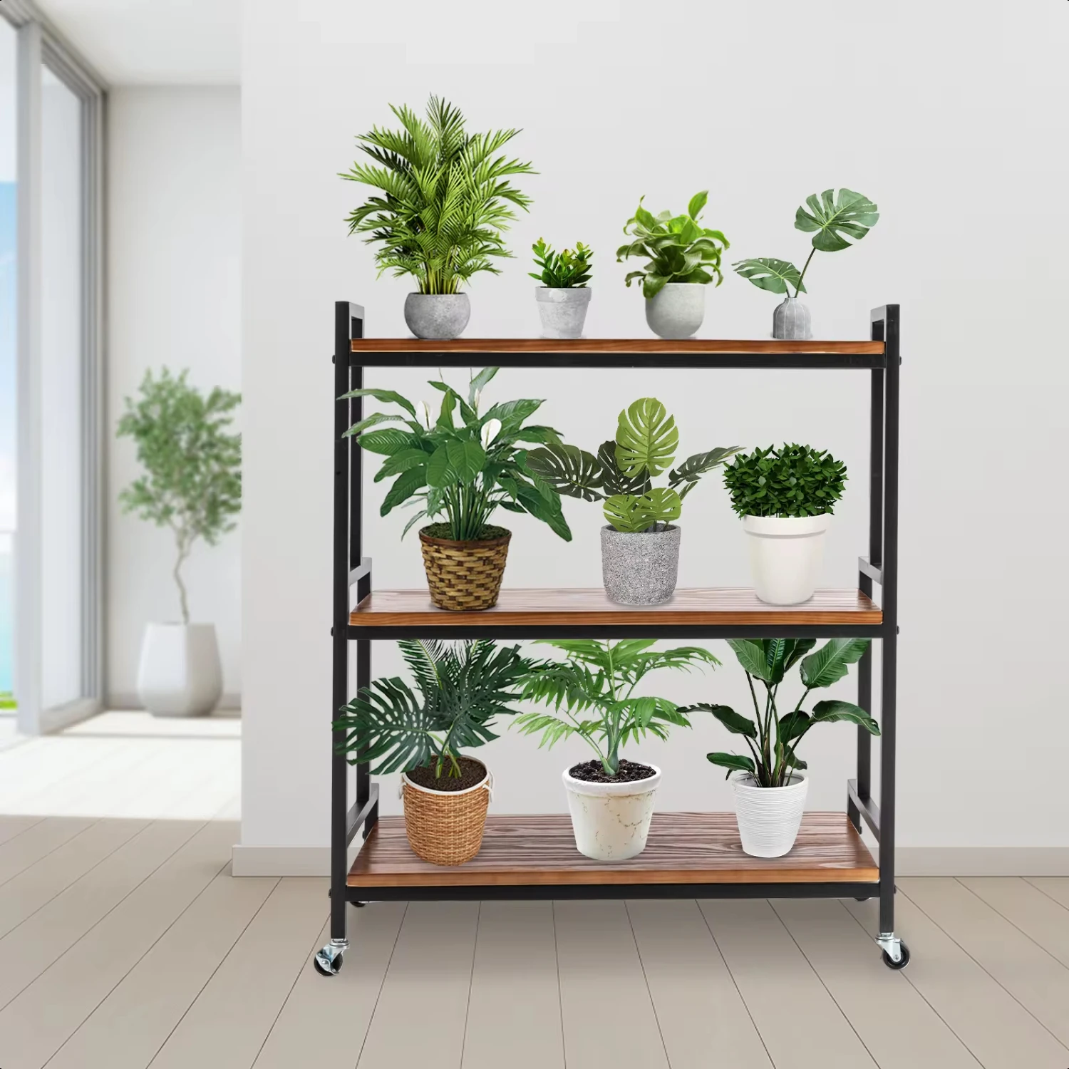 Rustic Plant Stand with Wheels Rolling Plant Shelves Rack Indoor Outdoor Metal Plant Stand with Solid Wood  Multiple Plants Moss