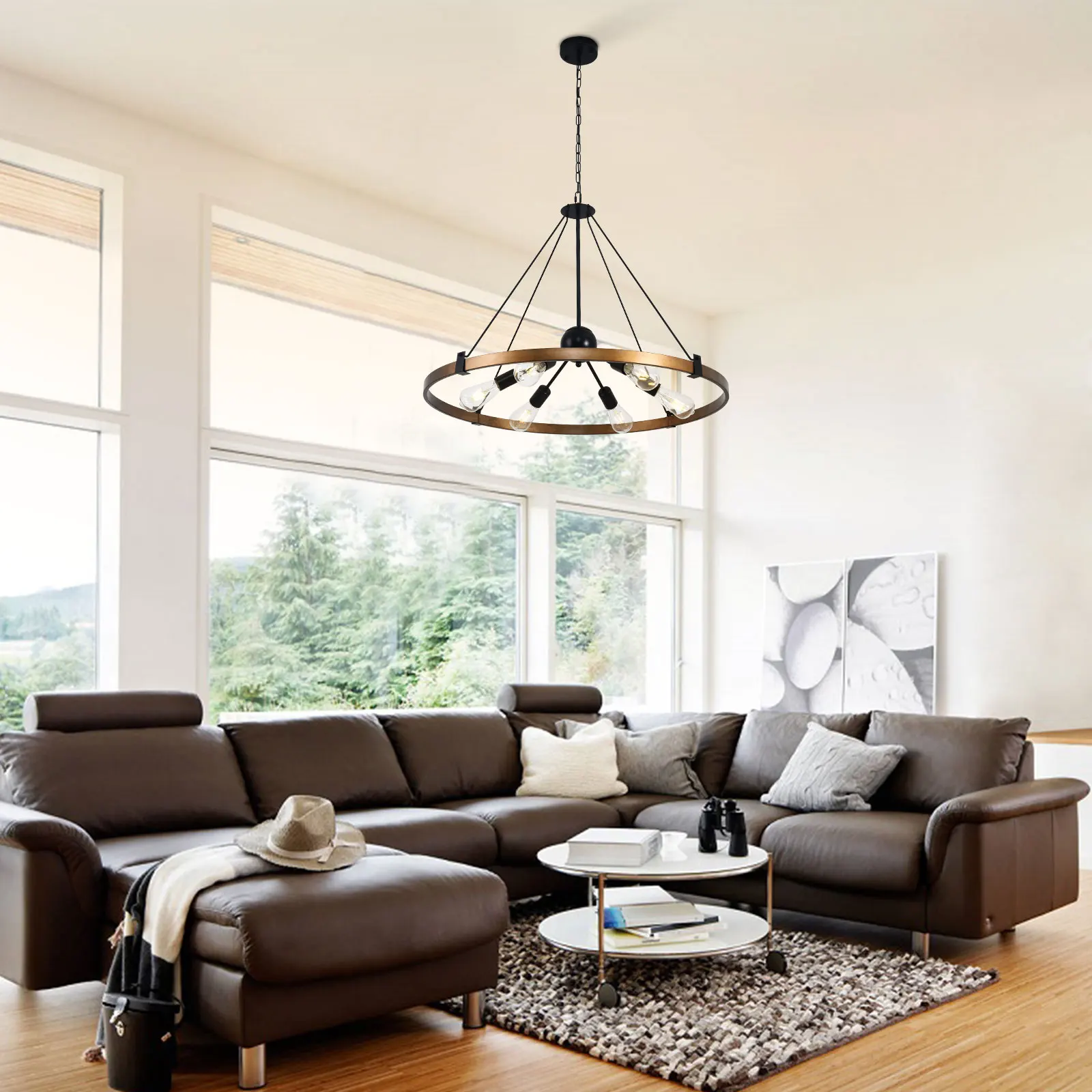 60W 6-Light Large Chandelier 31.5inch Round chandelier Industrial Metal Light Fixture for Living Room/Bedroom/Entryway