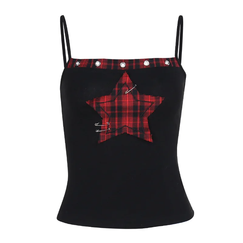 ISAROSE Y2K Camisole Tops for Women Summer Sleeveless Patchwork Black Red Plaid Star Gothic Adjustable Straps Crop Tops S M L