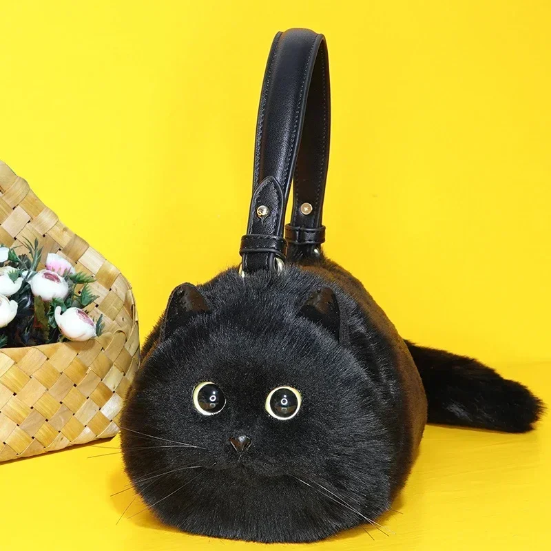 One Shoulder Bag Female Design Small Man Messenger Bag Versatile Hand Made Autumn and Winter Plush Cute Cat Bag