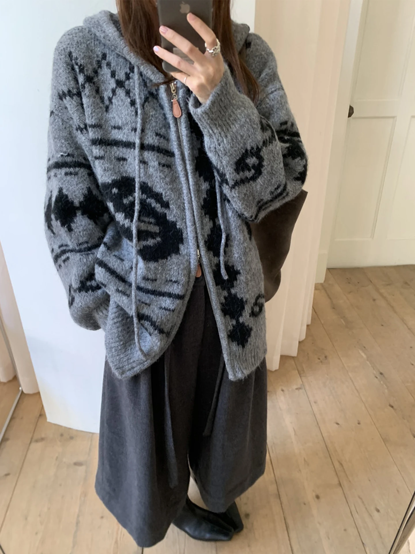 Retro Fair Isle Muster Kapuzenstrickwaren Jaet Damen Loose Fit Reißverschluss Long Sve Herbst Winter Oberbekleidung Faion Sle