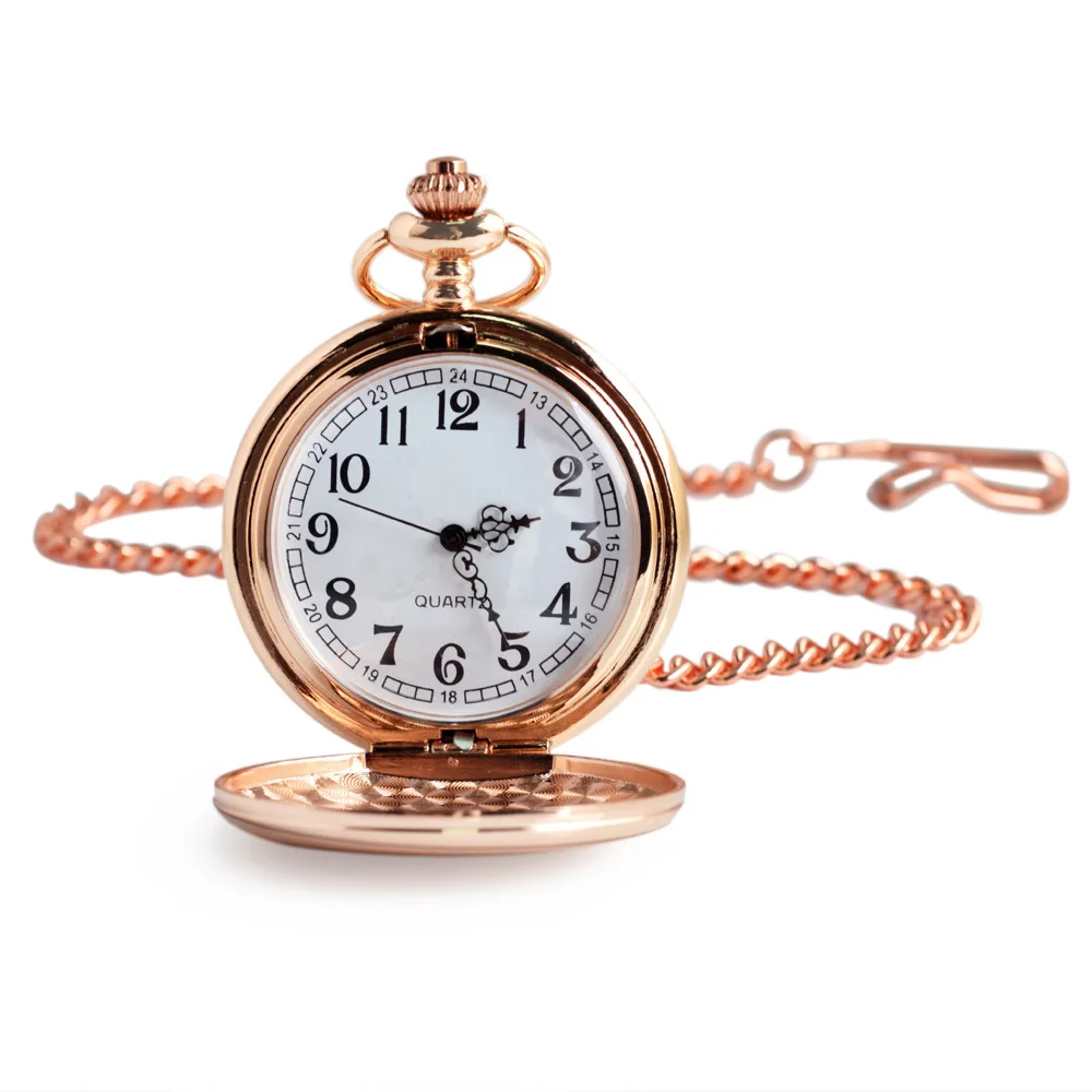 Vintage Luxury Quartz Pocket Watch for Men Women Kids Fob Chain Easy Read Numbers Rose Gold Smooth Case Necklace Pendant Clock