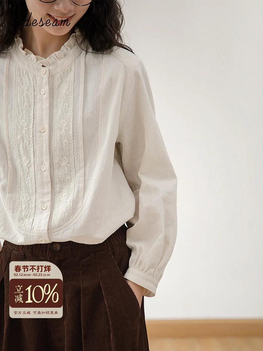 

Original Design Long Sve Women's irt Casual Pure Cotton Spring Autumn New Sle Light Beige Loose Fit Button up Top