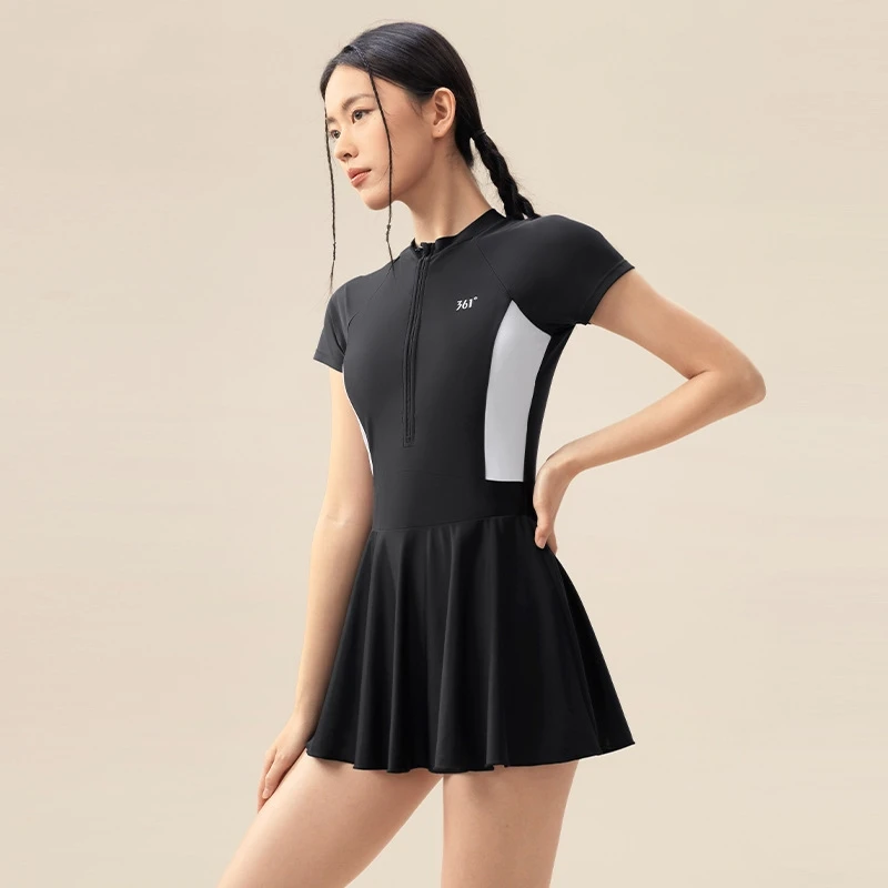 

Women Professional WaterProof Sports Beach Surfing Push Up Swim Skirt One Piece Short Sleeve Quick-Dry Bathing Athletic SwimWear