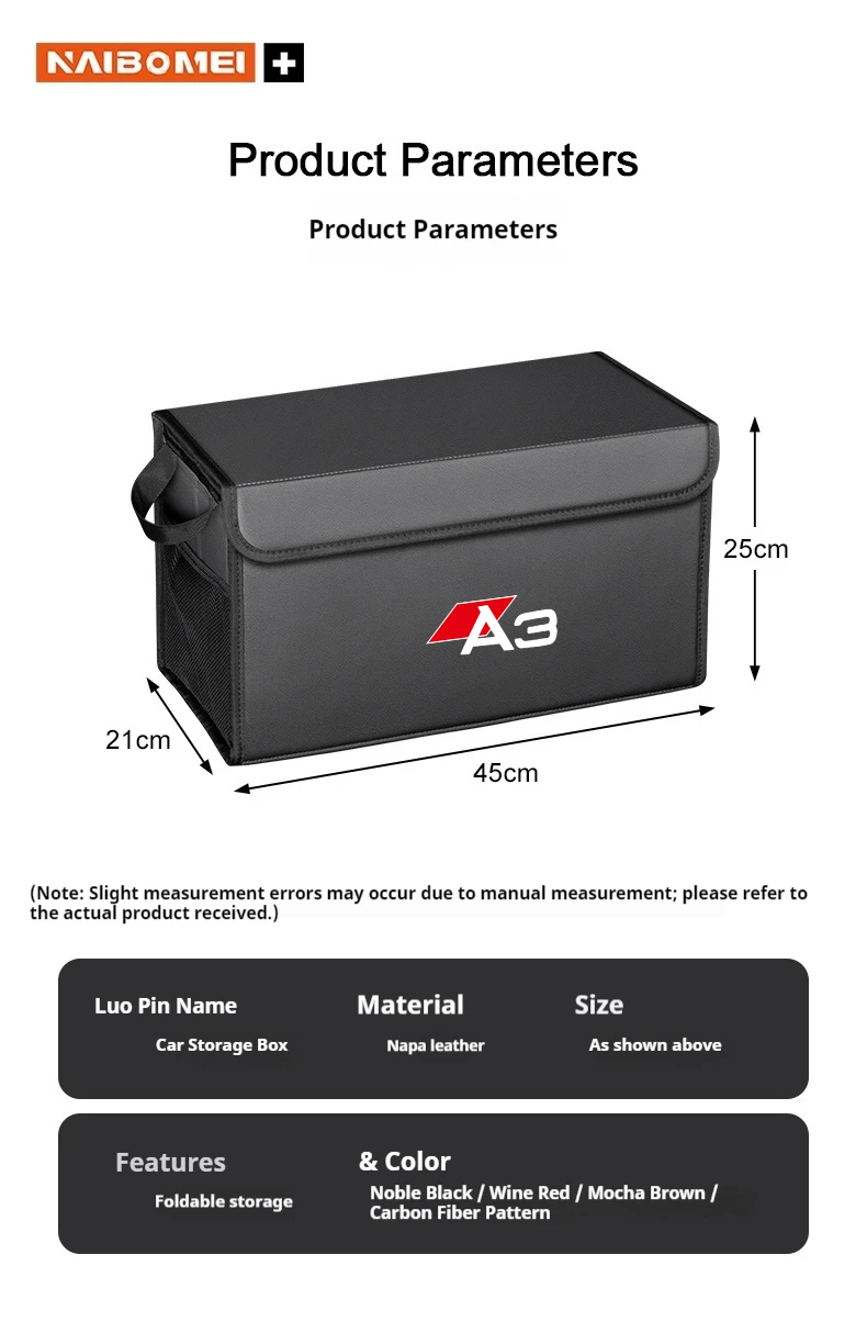 Auto-Kofferraum Leder-Aufbewahrungsbox, Innenraum-Organizer für AUDI A3 8v1 8vk 8vs 8vm S3 RS3 2012-2025, Großes Fassungsvermögen Zubehör – Detail 9
