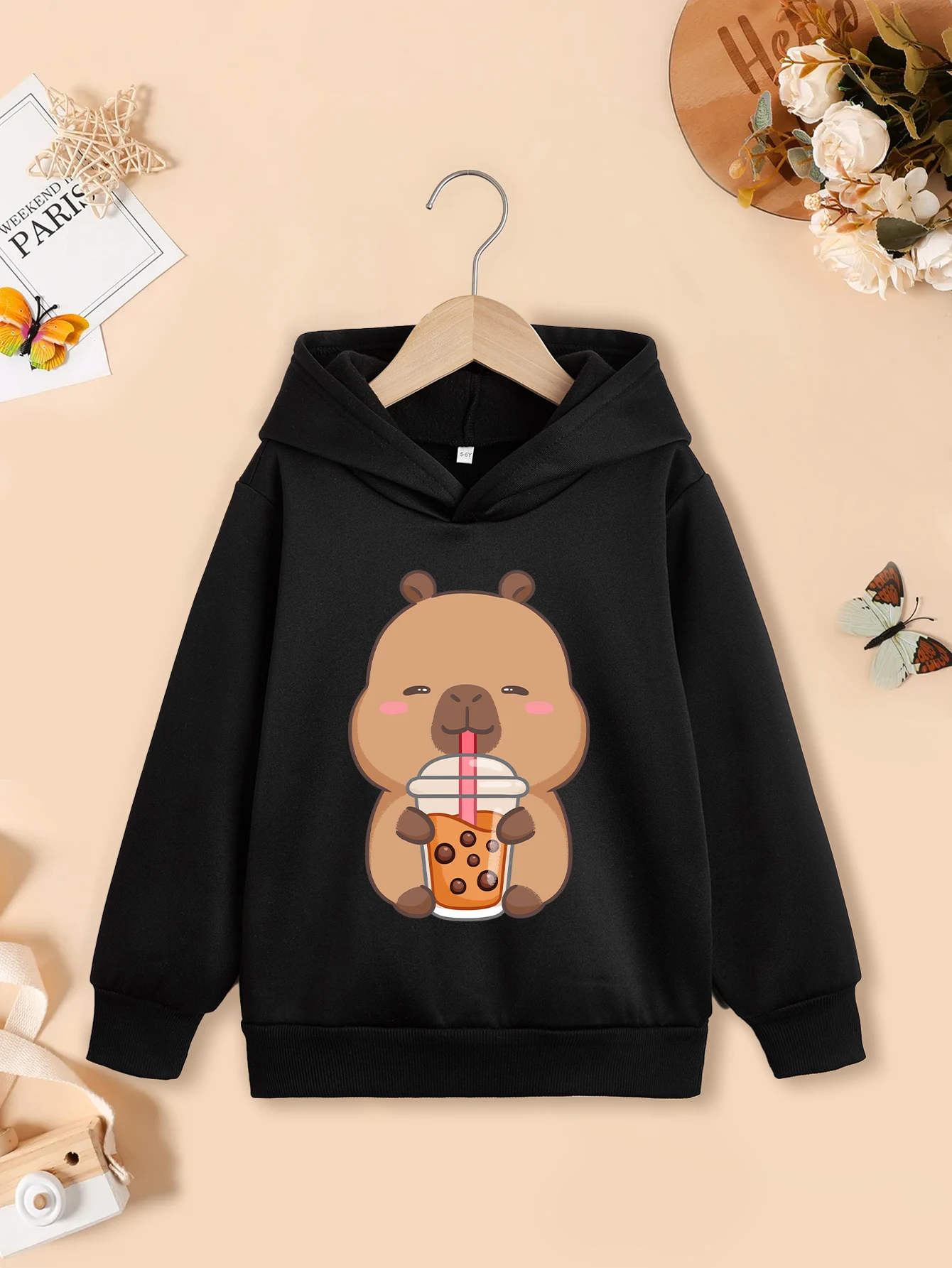 Capybara Drinking Boba Tea Hoodie Cartoon Cute Pullover Sweatshirt Autumn/Winter Fashion Clothing Children's New Year Clothing