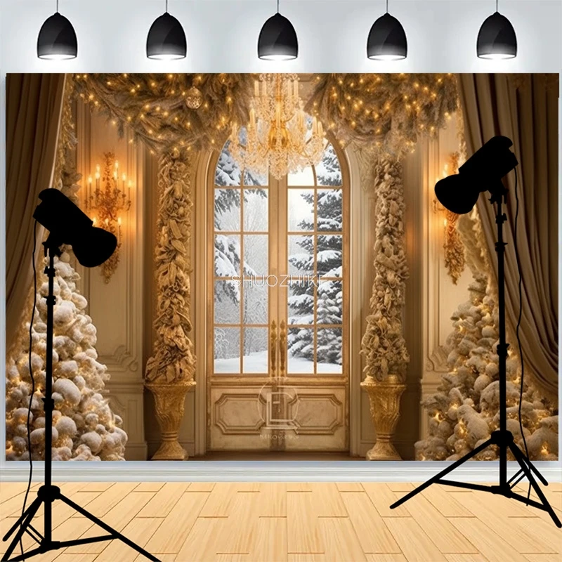 Kerstdag Open haard Fotografie Achtergronden Groot Raam Woonkamer Wreach Kerstboom Open haard Nieuwjaar Achtergrond XH-32