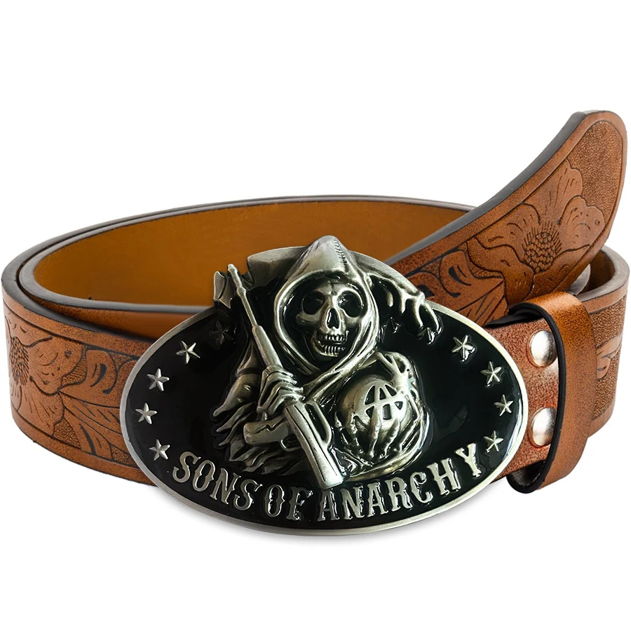 Cinto jeans masculino ocidental, cinto retrô, caveira, foice, fivela, hip-hop, personalidade, estilo retrô, unissex, combinando, jeans/calças casuais