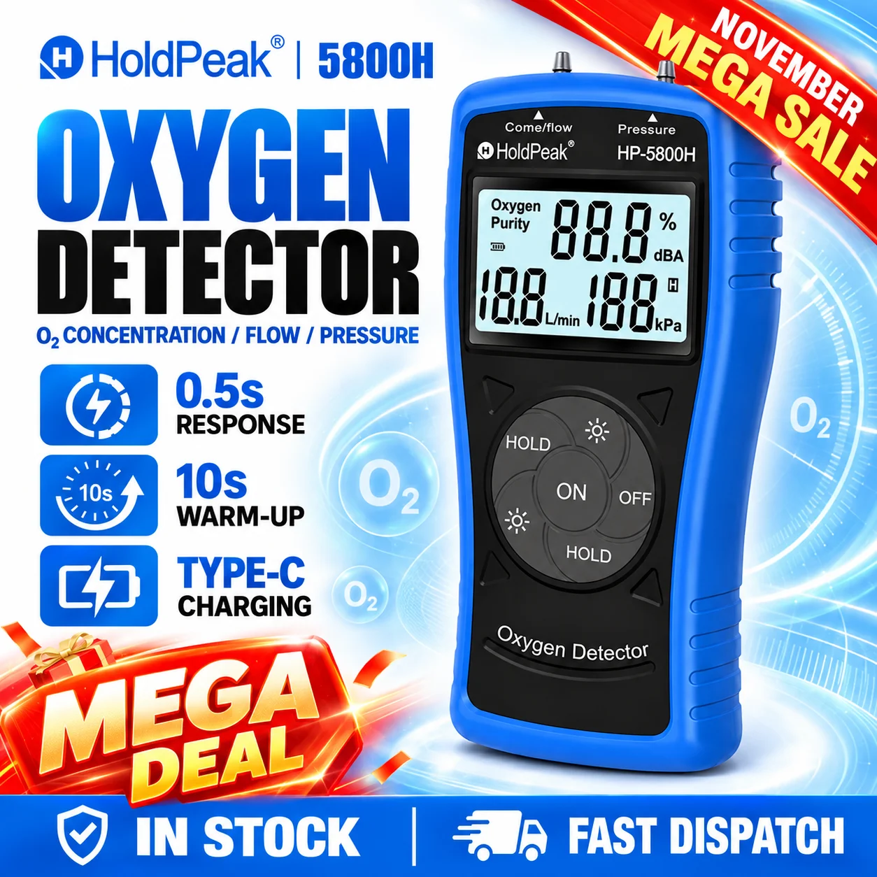 Handheld Oxygen Analyzer 3 in 1 O2 Gas Concentration Pressure Flow Tester Portable Digital Meter Data Hold for Welding HVAC