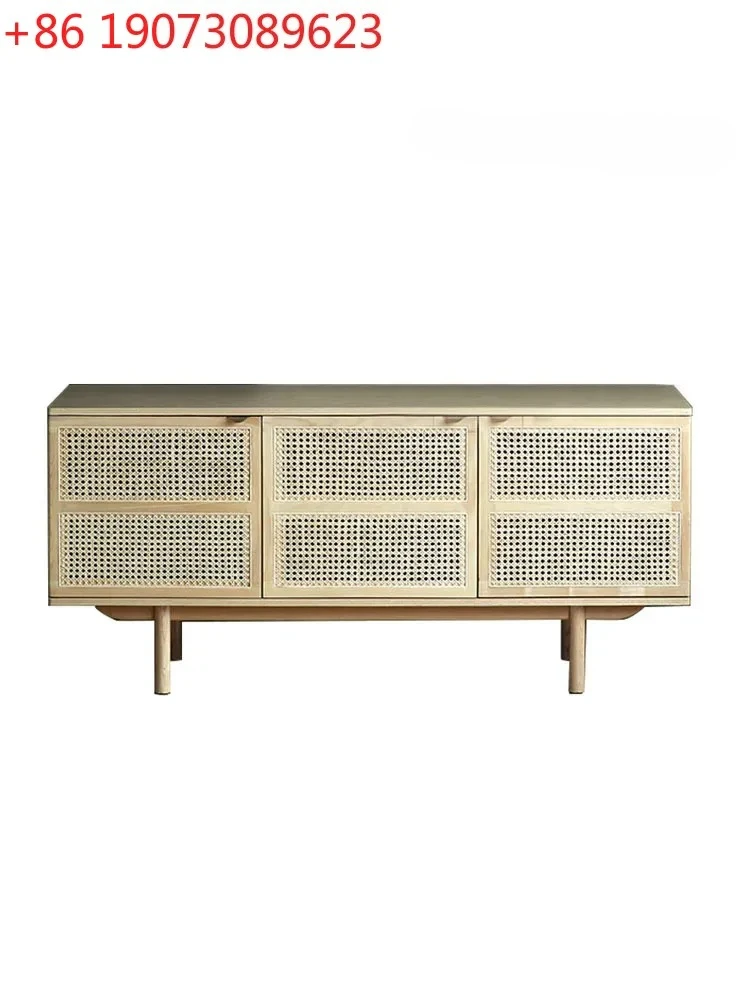 

Nordic style rattan solid wood retro dining side cabinet new Chinese bedroom design entrance shoe cabinet