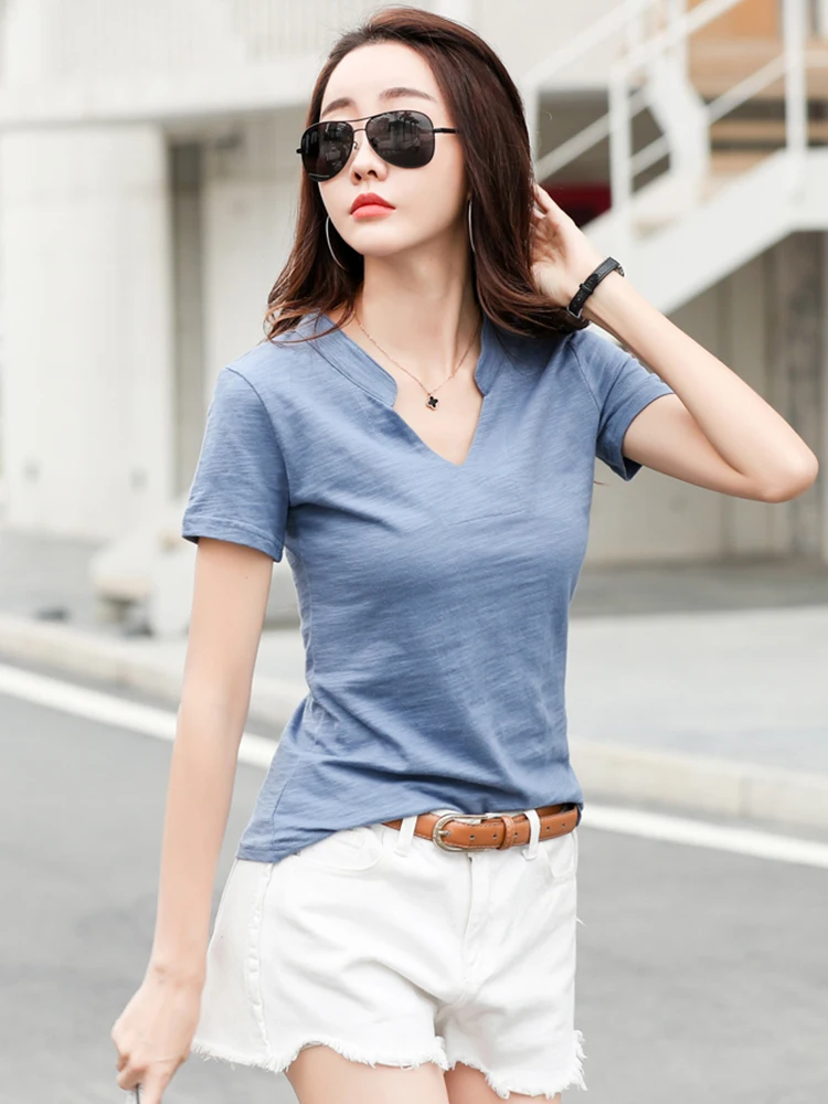 2026 Sommer Bambus-Baumwoll-T-Shirt für Damen, V-Ausschnitt, Weiche T-Shirts, Klassische Mode, Größen S-3XL, Damen-Oberteile – Detail 9
