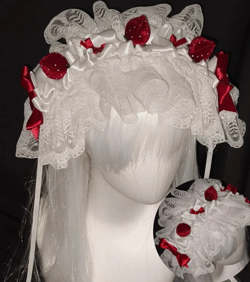 New Original Lolita Handmade Strawberry Lace Headband Subculture Bow Lace Angel Headpiece Lolita Cosplay Ruffled Hair Accessory