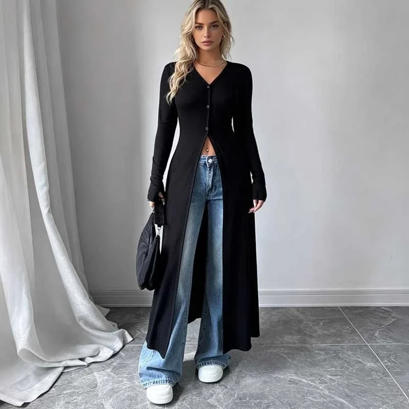 Elegant Casual Extra Long Jackets Women Spring Autumn V Neck Shirt Dress Cardigan Solid Color Fashion Long Sleeve Knit Slim Top